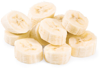 fresh sliced banana isolated on white background. Clipping path and full depth of field