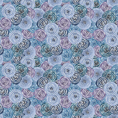 Watercolor seamless pattern with blue and purple rose bouquets. Hand drawn summer floral background perfect for wrapping paper, fabric prints, wedding invitation, greeting cards and other.