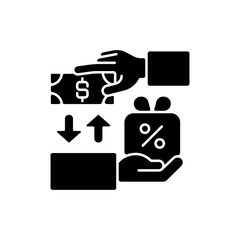 Freebie marketing black glyph icon. Business model in which one item is sold at low price to increase sales of complementary good. Silhouette symbol on white space. Vector isolated illustration