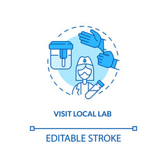 Visiting local lab concept icon. Lab test ordering step idea thin line illustration. Collecting blood from vessels. Laboratory analysis. Vector isolated outline RGB color drawing. Editable stroke