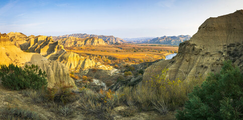 Super wide panoramic view of remote deserted landscape in central asia caucasus, VAshlovai national park.