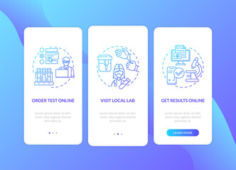 Lab test ordering steps onboarding mobile app page screen with concepts. Local lab, results walkthrough 3 steps graphic instructions. UI vector template with RGB color illustrations