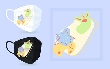 Festive colourful face mask mockup with abstract element layout. Light ornaments. Funky forms. Colourful 2D graphic shapes in modern creative style. Trendy isolated doodles illustration