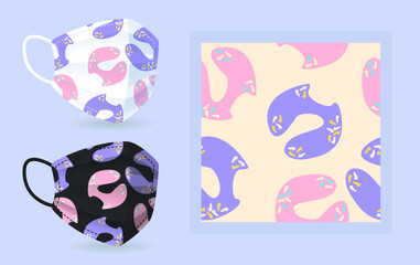 Ornaments on black and white face mask mockup with modern abstract seamless pattern. Pastel decorations. Flat vector shapes. Texture with trendy cartoon icons. Decorative design with graphic elements