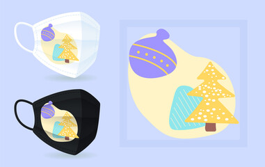 Winter holiday face mask mockup with abstract element layout. Seasonal ornaments. Christmas tree. Colourful 2D graphic shapes in modern creative style. Trendy isolated doodles illustration