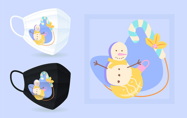 Christmas ornament face mask mockup with abstract element layout. Happy snowman. Xmas tree bauble. Colourful 2D graphic shapes in modern creative style. Trendy isolated doodles illustration