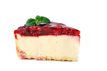 Piece of cheesecake with raspberries topping on white