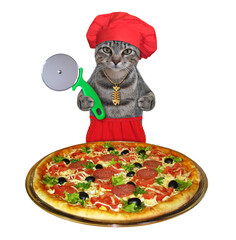 A gray cat in a red chef hat is cutting a pizza on sliced with a special knife. White background....