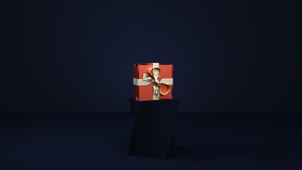 red gift box on dark blue podium. 3d rendering