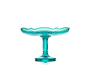 Empty blue glass vase for fruit or sweets isolated on white background