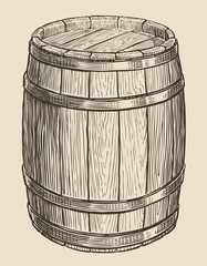 One wooden barrel for wine and other alcohol. Sketch vintage vector illustration