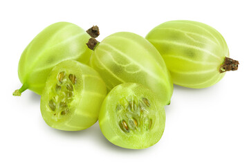 Green gooseberry with half isolated on white background with clipping path and full depth of field