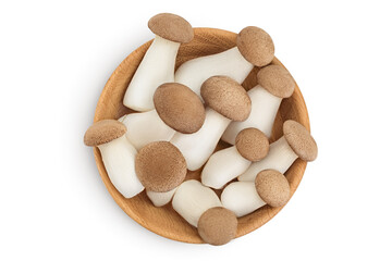 King Oyster mushroom or Eringi in wooden bowl isolated on white background with clipping path. Top view. Flat lay