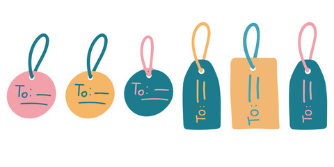 Set of tags for gifts for the holidays. Yellow, pink, blue colors. Vector hand drawn illustrations. Christmas, New Year, Birthday.