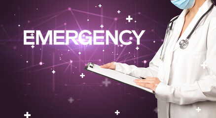 Doctor fills out medical record with EMERGENCY inscription, medical concept