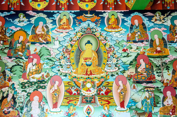 Buddhist temple, Buddhist stupa, Buddhist frescoes and icons, painting on the walls, Buddhist...