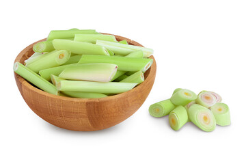 Fresh Lemongrass slices in wooden bowl isolated on white background with clipping path and full depth of field