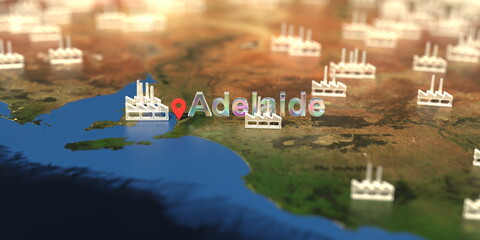 Adelaide city and factory icons on the map, industrial production related 3D rendering