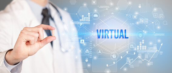 Doctor giving a pill with VIRTUAL inscription, new technology solution concept