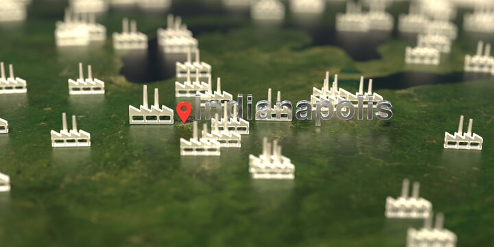 Factory icons near Indianapolis city on the map, industrial production related 3D rendering