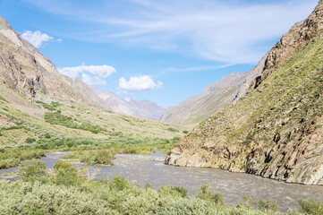 Fototapeta na wymiar Panoramas of the Himalayas, North India, Ladakh and Kashmir, Zanskar, Tibet and the Tibetan plateau, mountain river in the mountains