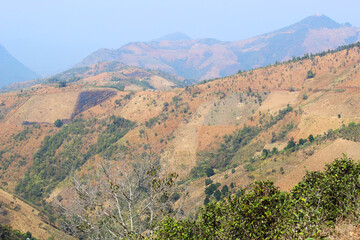 beautiful colorful landscape with fields, trees and hills in the morning in Myanmar