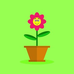smiley flower icon on top of the pot. green background. suitable for web icons