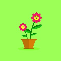 icon of two flowers on a pot with character. green background