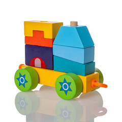 children's toy wooden train constructor, collapsible, for kids development of motor skills and mental abilities, isolated on a white background