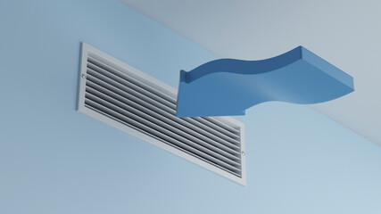 Ventilation grille and blue wall with arrow, 3d illustration