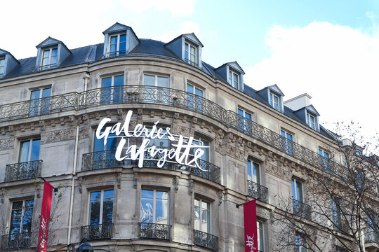 Paris, France. December 20. 2020. Exterior fa&ccedil;ade of the famous fashion and luxury store, sign Galeries Lafayette. Located on Haussmann Boulevard.