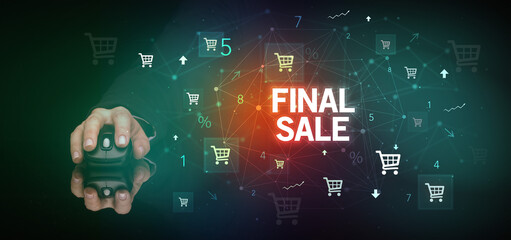 hand holding wireless peripheral with FINAL SALE inscription, online shopping concept