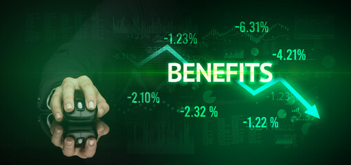 male hand holding wireless peripheral with BENEFITS inscription, modern business concept