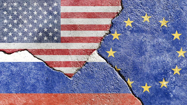 An EU, American, and Russian flag on a cracked wall-politics, war, conflict concept - Powered by Adobe