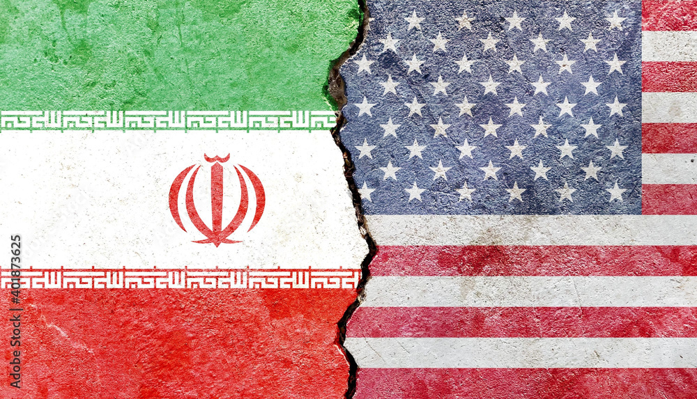 Poster An American and Iranian flag on a cracked wall- politics, conflict, war concept