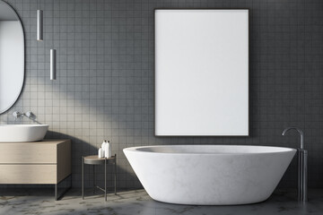 Fototapeta na wymiar Modern gray bathroom with blank poster on wall.