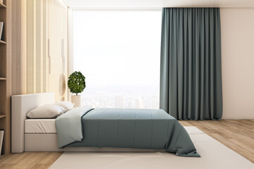 Bright bedroom with bed, household supplies and city view.