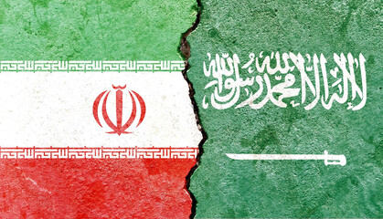 An Iranian and Saudi Arabian flag on a cracked wall- politics, war, conflict concept