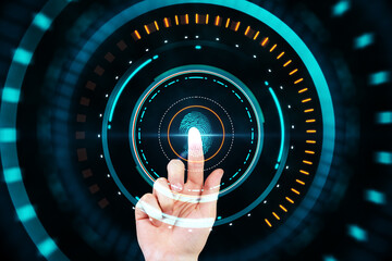 Hand with creative amber finger print scan interface.