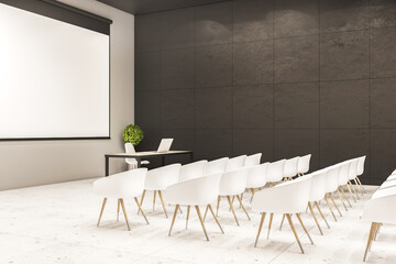 Minimalistic interior of a presentation room with chairs and blank screen.