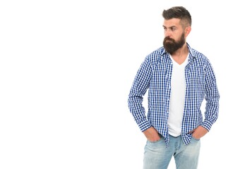 caucasian guy with beard and mustache isolated on white, copy space, male fashion