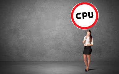 Obraz premium Young business person holdig traffic sign with CPU abbreviation, technology solution concept