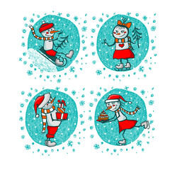 Family of cute snowmen. T-shirt prints. Family look. Vector illustration