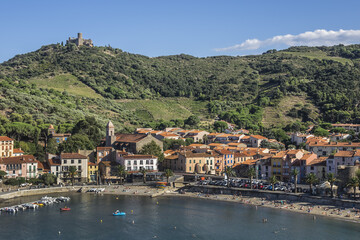 Scenic view village of Collioure on the coast of the Mediterranean Sea in south of France. Collioure, Roussillon, Vermilion coast, Pyrenees Orientales, France.