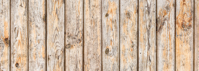 Panoramic wood texture. Wooden desk pattern. Wood panoramic view. Rustic tree desk with knots pattern. Countryside architecture wall. Village building construction. Wood industry texture.