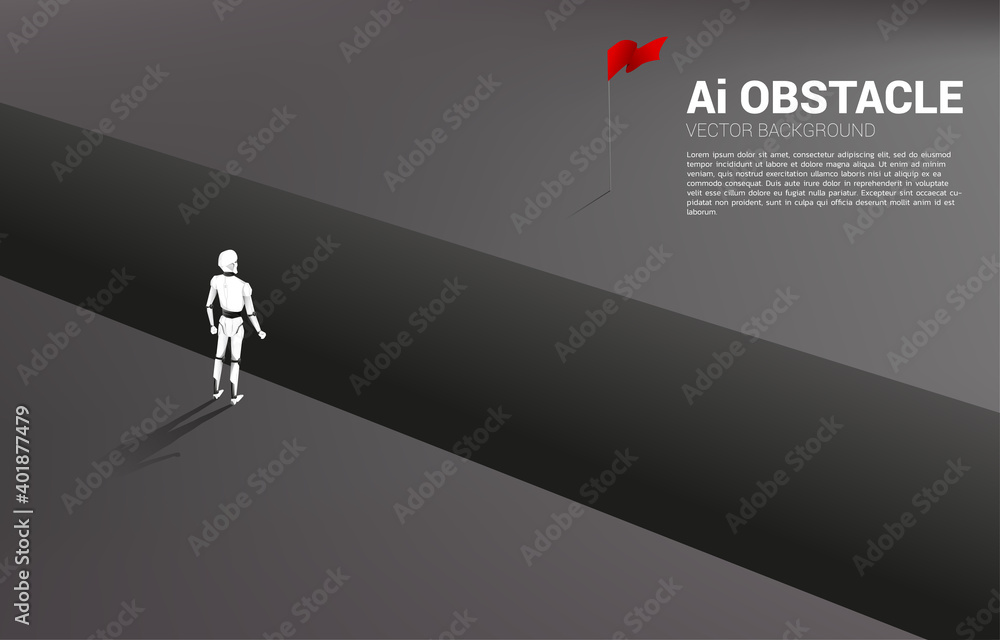 Poster Silhouette of robot standing at abyss looking to goal. coconcept of artificial intelligence and machine learning worker technology