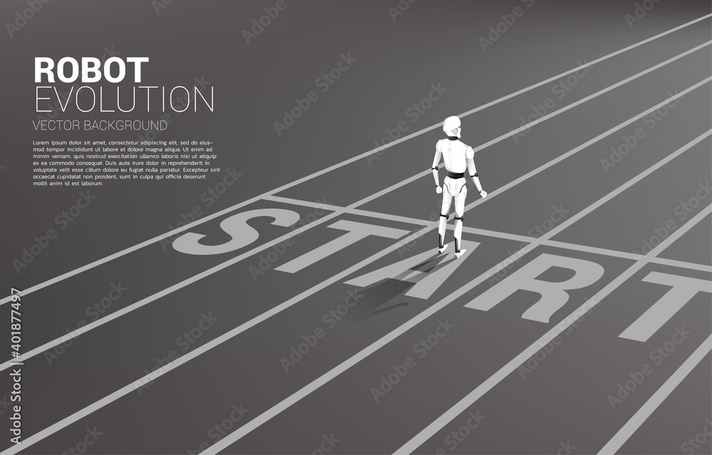 Poster Silhouette of robot standing at start line. concept of artificial intelligence and machine learning worker technology