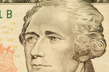 portrait of the first us Treasury Secretary — Alexander Hamilton on a $ 10 bill, close-up, selective focus.