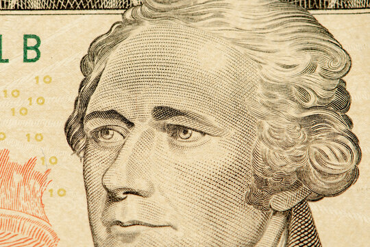 Portrait Of The First Us Treasury Secretary — Alexander Hamilton On A $ 10 Bill, Close-up, Selective Focus.