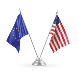 Liberia and European Union table flags isolated on white 3D rendering